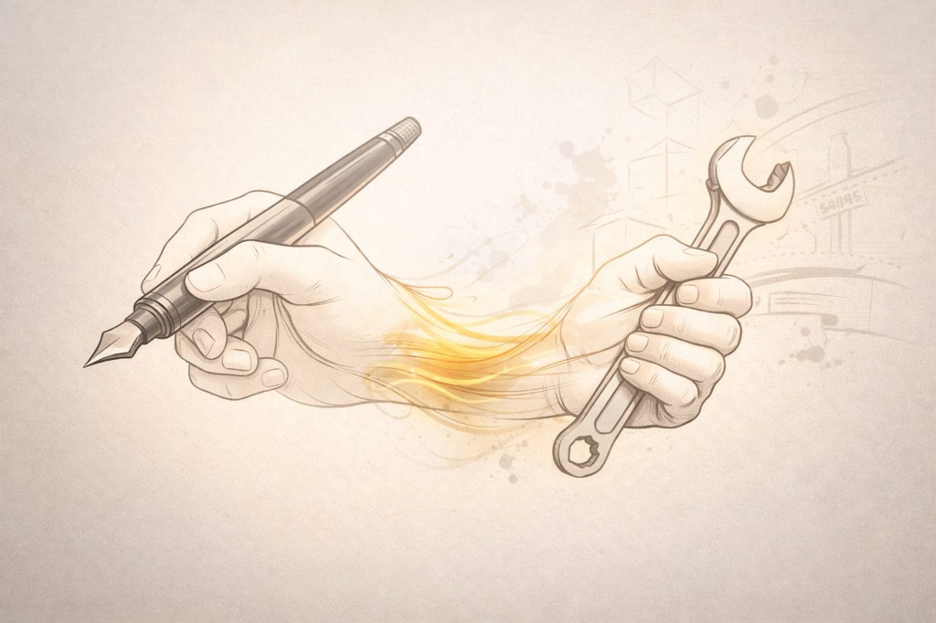 Synthesis sketch of hands holding pen and wrench